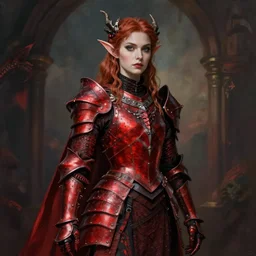 Gothic elf princess in red dragon armor by Konstantin Razumov, a square crop from the full body shot