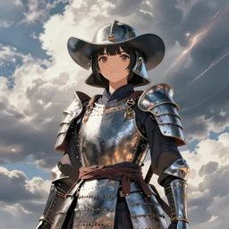 poster of a japanese samurai girl with armor and helmets in the style of cowboy bebop, calm, fantasy character portrait, dynamic pose, above view, sunny day, thunder clouds in the sky, artwork by jeremy lipkin and giuseppe dangelico pino and michael garmash and rob rey and greg manchess and huang guangjian and makoto shinkai, very coherent asymmetrical artwork, sharp edges, perfect face, simple form, 1 0 0 mm