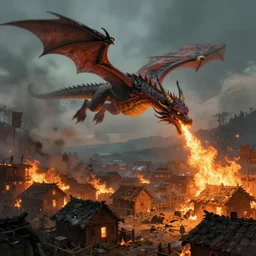 book illustration of flying dragon above the village. Burning houses dragon fire breath.  Atmospheric beautiful by Eddie mendoza and Craig Mullins. volumetric lights