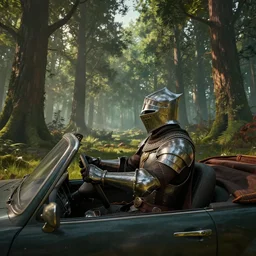 knight in an indian forest driving a car, elegant scene, wide angle, cinematic, ultrarealistic, trending on artstation, cgsociety, highly detailed, color graded, rendered in unreal engine 4 k hq, matte painting, by simon stalenhag, horizon forbidden west