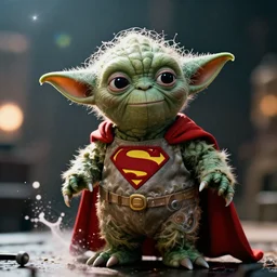 yoda as superman, splash art, movie still, cinematic lighting, dramatic, octane render, long lens, shallow depth of field, bokeh, anamorphic lens flare, 8 k, hyper detailed, 3 5 mm film grain