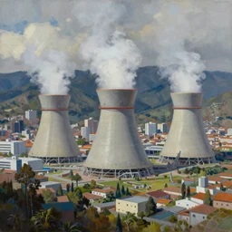 Nuclear Reactors integrated with the nature, mountains and city of Quito; by Simon Stålenhag, oil on canvas; Art Direction by James Cameron; 4K, 8K; Ultra-Realistic Depth Shading