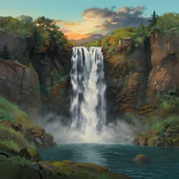 beautiful painting of cliffs with waterfall, lake at the bottom of the waterfall, sunset windy evening, studio ghibli, highly detailed digital art