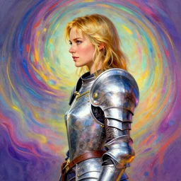 side portrait, imogen poots, paladin, fantasy armor, gloomhaven, soft, smooth, luminescent, colorful swirly ripples, gaudy colors, by greg manchess, huang guangjian, gil elvgren, sachin teng, greg rutkowski, jesper ejsing, rhads, ilya kuvshinov, cushart krenz