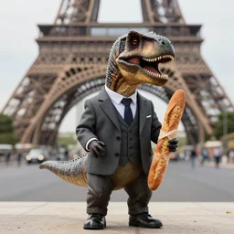 a real photo by saul leiter of a best quality small anthropomorphic jurassic world dinosaur wearing a best quality suit standing in paris while holding a baguette