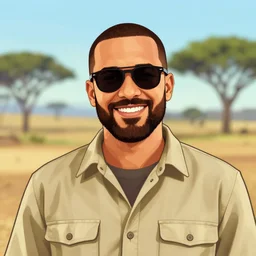 afrikaans man smiling with beard wearing sunglasses and khaki shirt, gta v style portrait illustration by martine johanna, bushveld background
