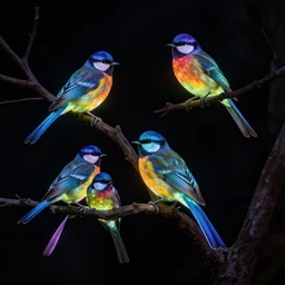 beautifully colored glowing birds are sitting on dry tree at night, dark black background, glow, highly detailed, fantasy art by greg rutsowski, trending on artstation, masterpiece