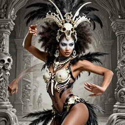 one fierce looking beautiful young woman dancing with afro hair and symmetrical white makeup, black leather straps, wearing intricate bodysuit and headdress made from white bones and black feathers, hyperdetailed illustration by irakli nadar and alexandre ferra, intricate linework, in the style of a national geographic portrait, unreal engine 5 highly rendered, global illumination, radiant light, detailed and intricate environment