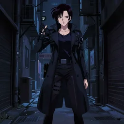 a high definition screenshot from the detective noir cyberpunk anime anime film ; a cinematic shot of a lone lone lone lone female detective in a trenchcoat investigates a dark dark alleyway, digital painting by makoto shinkai, akira toriyama, trending on artstation
