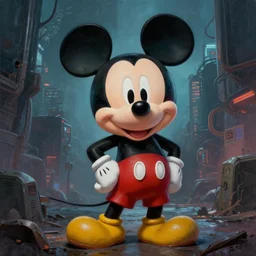 amazing detailed photorealistic painting of mickey mouse in a gritty dark cyberpunk city hd, hq
