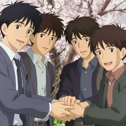 a film still japanese young men holding hands under a cherry tree, finely detailed features, closeup at the faces, perfect art, dramatic light, trending on pixiv fanbox, painted by greg rutkowski makoto shinkai takashi takeuchi studio ghibli, akihiko yoshida