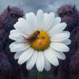 closeup, giant daisy flower the face, girl between monsteras, surreal photography, wind and cold, dramatic sky, impressionist painting, digital painting, artstation, simon stalenhag