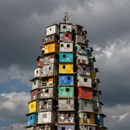 close - up view of a tower made up of colourful makeshift squatter shacks with bleached colours, moody cloudy sky, dystopia, mamiya, fully frontal view, very detailed, photographed by bruno barbey