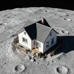 a real house built on the moon viewed from ariel view, Ultrarealism, 4k, sharp focus.