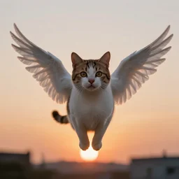 a photograph of cute cat with wings flying towards the sunset, highly detailed, symmetric, artstation, precise, photorealistic, impressionism style