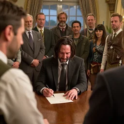 A movie still of Keanu Reeves signing divorce papers while crying. Ewan McGregor observing from the foreground by ismail inceoglu, craig mullins, can basdogan, frank frazetta, mike franchina, ariel perez, bar tosz domiczek, iain mccaig, Breath of the wild, studio ghibli