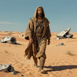 mad prophet wearing ritual hoodie walking in desert with spaceship wrecks very beautiful high detailed woodcut matte painting