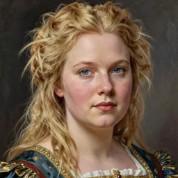 medium shot of a swedish!! beautiful attractive woman, round face, blue eyes, blonde messy hair, intricate face, wearing 1 7 th century clothes, outside, matte painting, sargent, leyendecker, close - up shot asymmetrical intricate elegant matte painting, sharp focus, by greg rutkowski