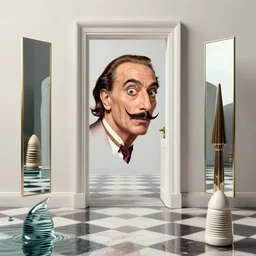 hyperrealistic random objects in a surreal minimalistic dreamscape environment by salvador dali, highly detailed, 3 d render, vray, octane, beautiful lighting, photorealistic, intricate, elegant, wayne barlowe, water, mirrors, doorway, beautiful, masterpiece, trending on artstation, artgerm, checkered floor