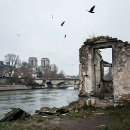ruins, black birds falling in the seine, dream, sense of awe