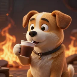 cartoon dog drinking coffee, with flames in background, hyper realism, cinematic shot, volumetric lighting, dramatic ambient lighting, epic composition, fine details, octane render, unreal engine, 8 k, concept art, 3 d render, digital art, deviantart artstation, ray tracing, intricate complexity, extremely detailed, very sharp,