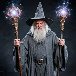 angry mark e smith dressed in large grey wizard robes and a big pointy hat and holding a large magical staff with magical sparkles all around, photograph, 4 k, highly detailed, directed by mario bava