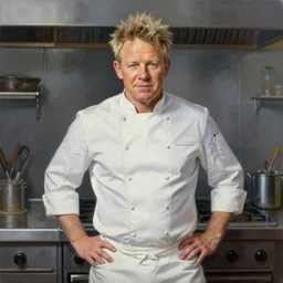 a medium full shot portrait of gordon ramsay in a chef uniform in a kitchen, a fine art painting by mort kunstler, featured on deviantart, precisionism, oil on canvas, detailed painting, hyper realism