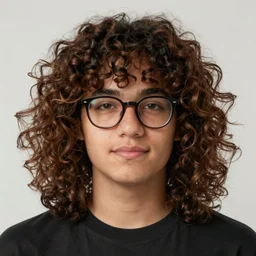 slightly chubby 20 year old 1/4 black white mixed male with long brown puffy curly hair wearing black rimmed glasses,