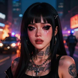 a streetwear anime style mixed woman wearing thick mascara, crying, a city on fire in the background, police lights shine on her face, tattoos, dark glitter, Cinestill 50d, 4k, 8k, hd, full color, octane render, trending on artstation, highly detailed