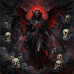 painting of an ominous bright black and red angel of death with many skulls in dark clouds, full-body portrait, highly detailed, ornate and elegant, fantasy, traditional art, gothic, abstract art, surrealism, concept art, on artstation
