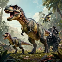carnivore dinosaur, raptor, Tyrannosarus Rex, alosaurus, spinosaurus, reptile, velociraptor, from kong skull Island (2017), from jurassic World (2015), from pacific rim (2013) from King kong (2005), trex from godzilla (2014), from guardians of the galaxy, from transformers, cgsociety, ArtStation, by drew struzan