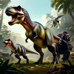 carnivore dinosaur, raptor, Tyrannosarus Rex, alosaurus, spinosaurus, reptile, velociraptor, from kong skull Island (2017), from jurassic World (2015), from pacific rim (2013) from King kong (2005), trex from godzilla (2014), from guardians of the galaxy, from transformers, cgsociety, ArtStation, by drew struzan