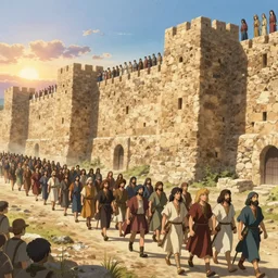 Large group of men in Biblical outfits marching in front of the walls of Jericho. People are standing on the walls looking down at them. sunrise, epic, cinematic lighting, dramatic angle, 8k hdr pixiv dslr photo by Makoto Shinkai and Wojtek Fus
