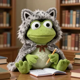 a huggable white chibi plush frog muppet cleric wearing a wolf pelt as a hooded cape and sketchbook and pencil sitting on a desk in a library, photorealistic, nature, photography, national geographic, sesame street