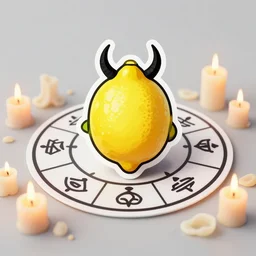 A sticker of a whole demonic lemon being summoned in the middle of a ritualistic summoning circle surrounded by lit candles