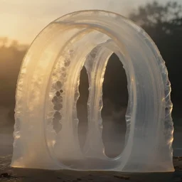 7 0 mm photograph of vellum and mesoglea - translucent layers ambiently occluding and striating, coalescing from the mist, forming a detailed sculptural recreation of the milky opalescent arches from roger dean's paintings, dramatic lighting, golden hour, cinematic, 8 k
