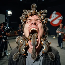 a photo of a man with thirty squirrels in his gaping stretched mouth. photorealisticly shot on film by ghostbusters cinematographer laszlo kovacs on a photorealistic soundstage set at night with a 9. 8 mm wide angle lens