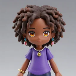 a nendoroid of hazel levesque, a [ [ [ dark skinned ] ] ] black girl with [ curly ] brown hair and amber eyes wearing a purple t shirt, african american, jewelry and magic themed, brown skin, designed by loish