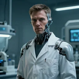 a laboratory technician man with cybernetic enhancements, scifi character portrait by greg rutkowski, craig mullins, cinematic lighting, dystopian scifi gear