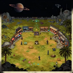in front of some [ [ [ [ stores ] ] ] ] in a remote outpost, on an alien planet, from a space themed point and click 2 d graphic adventure game, set design inspired slightly by tomb raider ( and hg giger ), art inspired by [ [ thomas kinkade ] ] and mark keathley and tyler edlin
