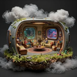 highly detailed science fiction diorama!! sculpture!! depicting a!! futuristic lounge room!! on the edge of a meadow with billowing clouds. concept by norman rockwell, frank frazetta, and syd mead. rich colors, high contrast, gloomy atmosphere. trending on artstation.