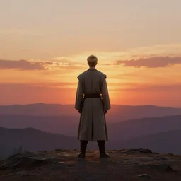 a young blonde male jedi with short hair standing still looking at the sunset, over the shoulder shot, ots shot, third-person shot, full-length, head-to-toe, full body photography, extremely long shot, long shot, concept art by Doug Chiang cinematic, realistic painting, high definition, concept art