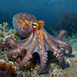 a ultra high resolution photorealistic painting a spotted octopus scampering across a coral seabed. the light is shimmering dim, and the colors are bright. it is looking at the camera lens, in the style of of greg rutkowski, alphonse mucha, digital painting, high octane