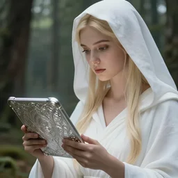 closeup shot of the goddess of memory recording history on a magical silver tablet in a forest, white hood, white robes, blonde, fantasy, magical, realistic and detailed, spiritual, supernatural, intricate, elegant, highly detailed, digital painting, trending on artstation, by wlop, 4 k octane render