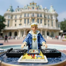 cinestill 5 0 d, 8 k ; esoteric ultra realistic ran meets ronin ( 1 9 9 0 ) film still dj set negresco scene in frontiers in porcelain product photography june closeup 3 / 4 portrait edition, hyperrealistic real - life burning dj pilot tarot card porcelain occult figurine, eye contact, tilt shift wide shot zaha hadid background