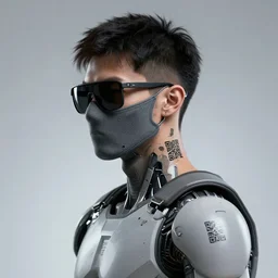 Male cyborg, battle-damaged, wearing facemask and sunglasses, youthful face, QR code tattoo, backlit by neon, headshot, cyberpunk, wires, cables, lenses, gadgets, Digital art, detailed, anime, artist Katsuhiro Otomo