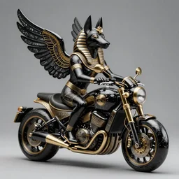fine art statue of black egyptian god anubis on a surrealist motorbike, ebony art deco, carved black marble, inlaid with ebony and gold accents, ebony rococo, wings black lace wear, sculpted by spider zero, zaha hadid, trending on artstation, beautifully lit, hyper detailed, intricate, elite, ornate, elegant, photorealistic, micro details, 3 d sculpture, ray trace