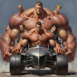 psycho bandits in giant muscle vehicles, by shigenori soejima, by reiq, by balak, by thomas kinkade, by ilya kuvshinov, digital painting masterpiece, beautiful brush strokes, advanced lighting technology, symmetry!!!, accurate and realistic faces and anatomy