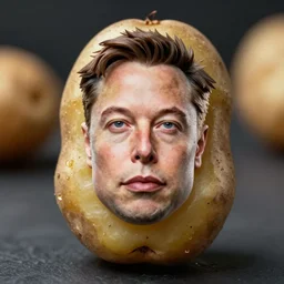 8 5 mm photography of elon musk's face on a potato, dof and bokeh