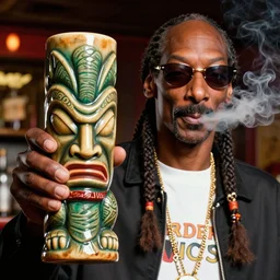 a closeup photorealistic photograph of blunt smoking snoop dogg at trader vic's bar holding up a trader vic's tiki mug featuring snoop dogg's face. tiki culture. brightly lit scene. this 4 k hd image is trending on artstation, featured on behance, well - rendered, extra crisp, features intricate detail, epic composition and the style of unreal engine.